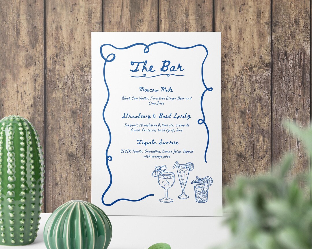 WEDDING BAR SIGN Template | Cocktail Menu | Hand Drawn Whimsical Sketch ...