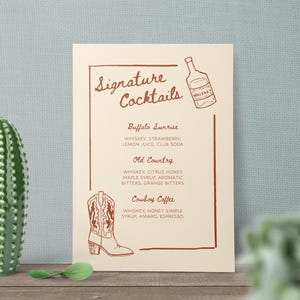 Plantilla de letrero de bar de bodas / Ilustración de boceto del oeste dibujado a mano / Vaquero / Vaquera / Salvaje oeste / Juguetón / De moda