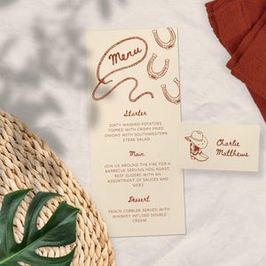 MENU + SEGNAPOSTO Modello / Illustrazione schizzo selvaggio west disegnata a mano / Apparecchiatura del tavolo, Nome / Cowboy Western / Giocoso / Alla moda