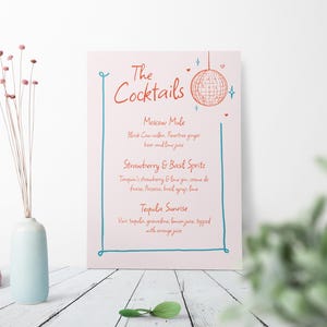 pour BARRE DE MARIAGE | Carte des cocktails | Doodle illustration croquis lunatique dessinés à la main | Moderne | Ludique | 0010