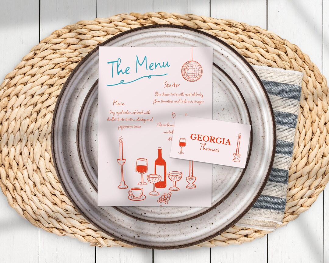 Whimsical Wedding Menu & Place Card Set Template: Hand-drawn ...