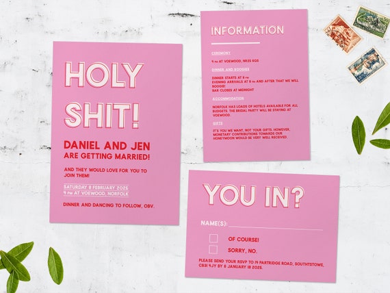 WEDDING INVITATION SET Template | Holy Sh*t | Digital Download | Corjl | Bright + Quirky | Funny
