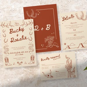 HOCHZEIT EINLADUNG SET Vorlage | Handgezeichnete Skizze Illustration Doodle | Informationen/Detailkarten/rsvp | Cowboyhut | Verspielt | Trendig