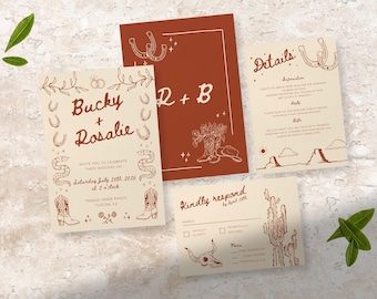 May include: A set of four wedding invitations with a rustic western theme. The invitations are cream colored with brown ink and feature illustrations of horseshoes, boots, cacti, and snakes. The text on the invitations reads "Bucky + Rosalie" and "Kindly respond by April 2025".