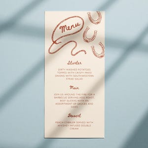 PLANTILLA DE MENÚ DE BODAS / Ilustración de boceto del salvaje oeste dibujado a mano / Configuración de mesa, Nombre / Vaquero Vaquera Occidental / Juguetón / De moda