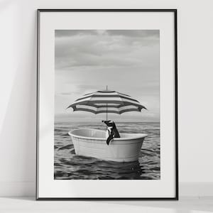 Whimsical Penguin in Tub – Funny Animal Bathroom Art – Printable Poster – Quirky Penguin Decor – Digital Download Wall Print