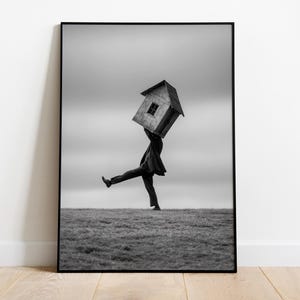Surreal Man with House Head Print | Black and White Conceptual Art | Minimalist Fine Art Photography | Digital Wall Art Download