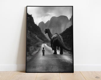 Grafika vintage „Dinozaur i chłopiec” – pokój dziecięcy, pokój zabaw (pobranie cyfrowe)