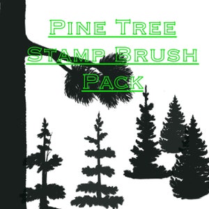 Op de afbeelding: Een set van vijf zwarte silhouet-dennenboom stempelborstels. De tekst "Pine Tree Stamp Brush Pack" is geschreven in groene letters boven de bomen.