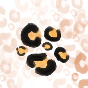 May include: Abstract digital art print featuring a leopard print pattern in black, gold, and beige colors. The print features a cluster of large black and gold leopard spots on a white background with smaller beige spots.