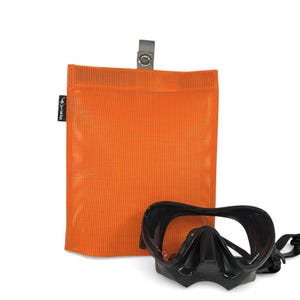 May include: An orange mesh bag with a black diving mask. The bag has a small gray loop with a metal grommet at the top. The diving mask is black with a wide viewing area and the word "SCUBAP" printed on the side.