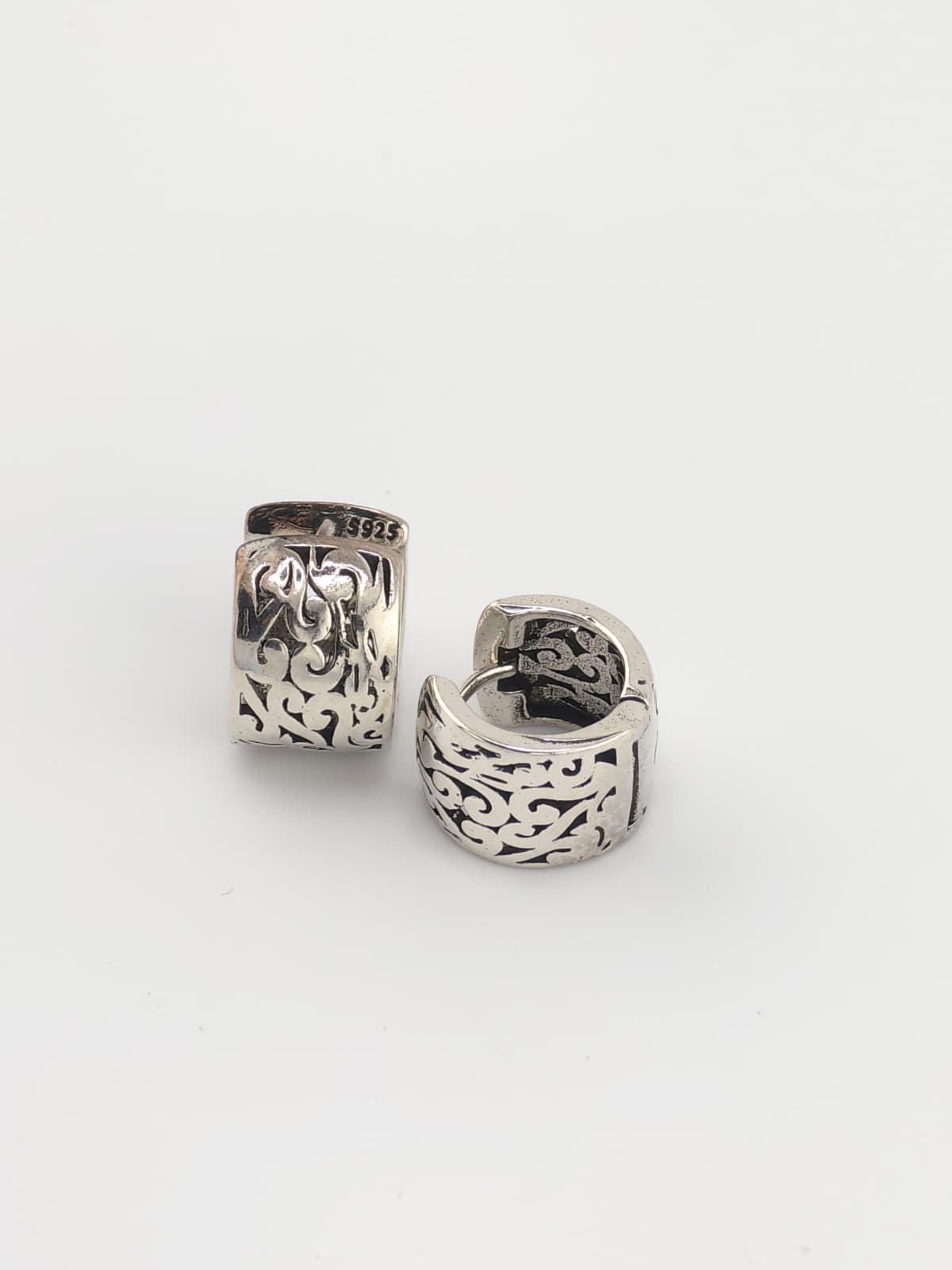 925 Sterling Silver Hoop Earrings Vintage Tribal Scroll Pattern Huggie Earrings Boho Gothic image 2