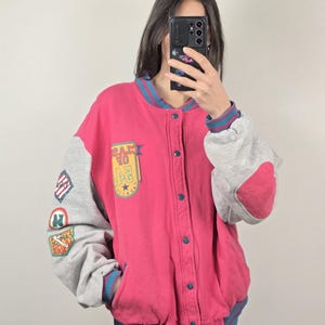 Vintage Varsity Jacket 90s College Style Oversized Pink Grey XL XXL
