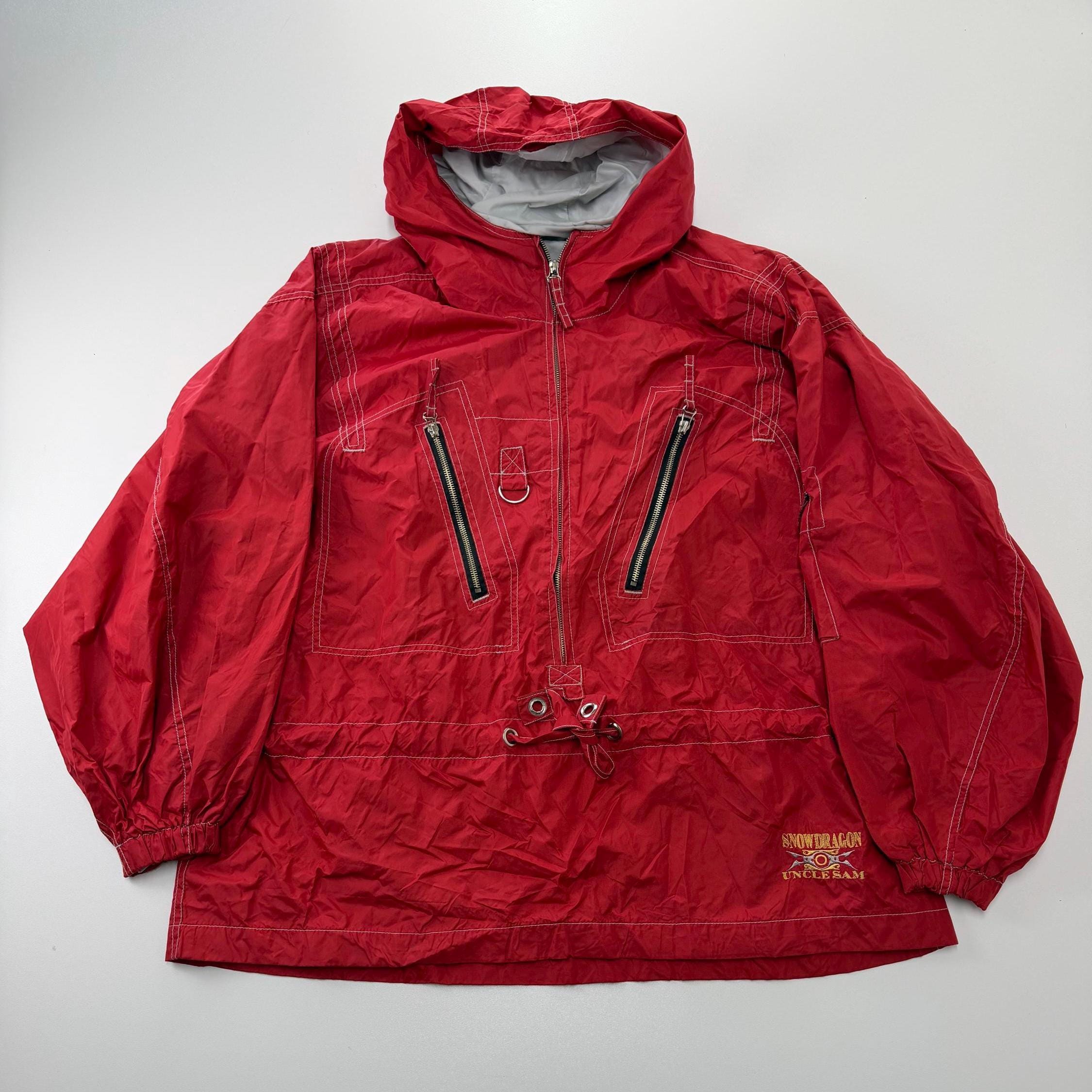 Rare Vintage 1990s Snow Dragon Uncle Sam Windbreaker Jacket Red Hooded Embroidered Y2K Streetwear