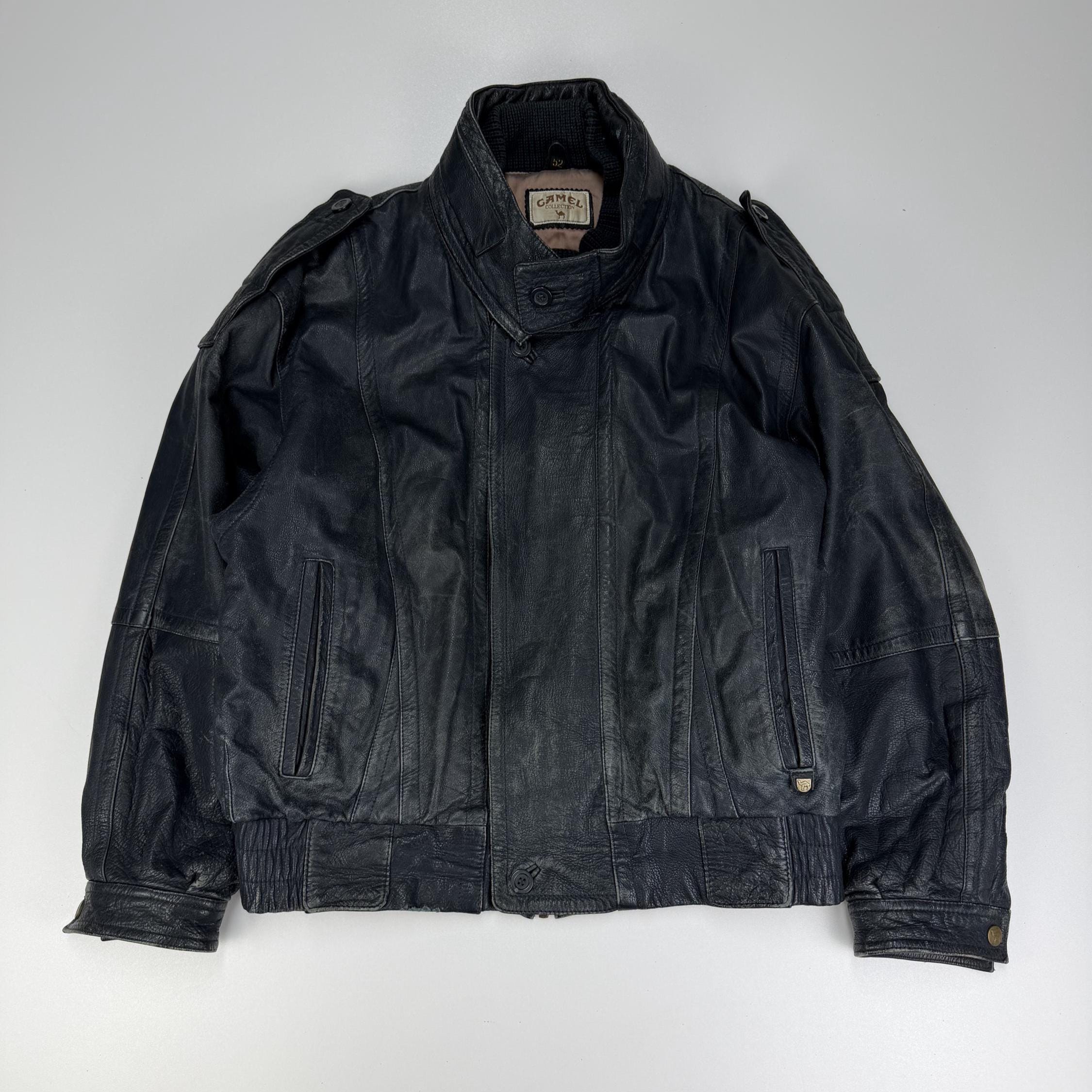 Rare Vintage Camel Leather Bomber Jacket Size L, Blue Black Leather Jacket, Retro 90s Colorblock