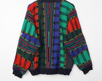 Pull Vintage Carlo Colucci Orange Et Blanc Damier - Taille 50, Grande Taille Homme