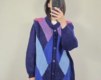 Vintage Handmade Wool Cardigan Oversized Color Block Knit Sweater L