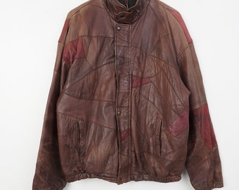 Vintage 80s Patchwork Real Leather Bomber Jacket: Black Genuine