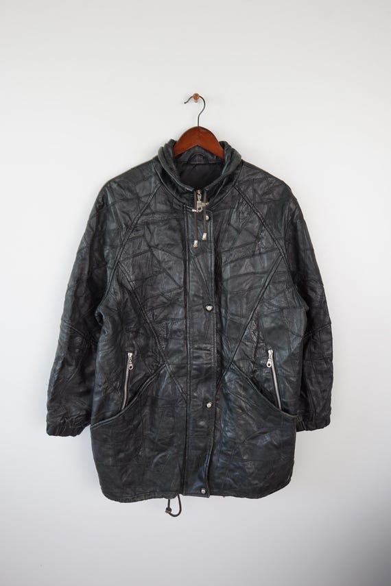 Vintage Patchwork Leather Parka Jacket Size M - image 2