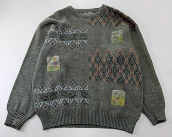 Seltener Vintage 1990er Jahre Jacques d’Arel Golf Pullover Herren Strickpullover Grandpa Core Jacquard Wolle Mischung Old Geld Oversized Größe XL - 56