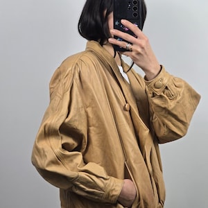 Vintage Leather Bomber Jacket Oversize Beige Minimalist Soft Leather Retro 90s M/L