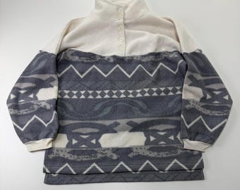 Seltene Vintage 1990s Azteken Fleece Pullover grau weiß Southwestern Sweatshirt 90s Tribal Polar Fleece Oversized Jacke Size L