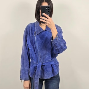 Vintage Suede Leather Jacket Blue Belted Moto Y2K 90s C&A Size S M