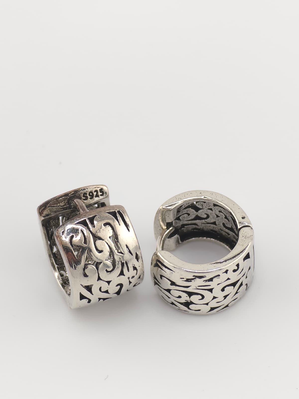 925 Sterling Silver Hoop Earrings Vintage Tribal Scroll Pattern Huggie Earrings Boho Gothic image 4