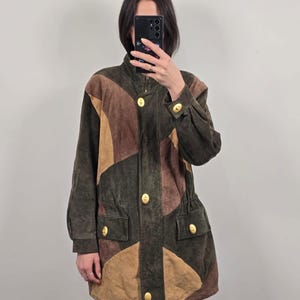 Vintage Suede Leather Jacket Patchwork Green Brown Size M 40 Retro 90s