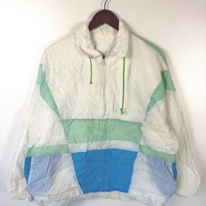 Vintage Rifle Windbreaker Jacket L Blue White Colorblock 90s Retro Lightweight Zip Up Streetwear (M)