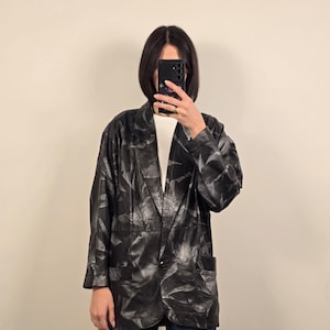 Vintage Leather Blazer Black Silver Metallic Pattern Size M 36 Retro 90s