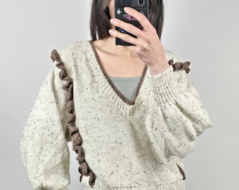 Vintage Boho Knit Sweater V Neck Cream Chunky Knit Textured Details S/M