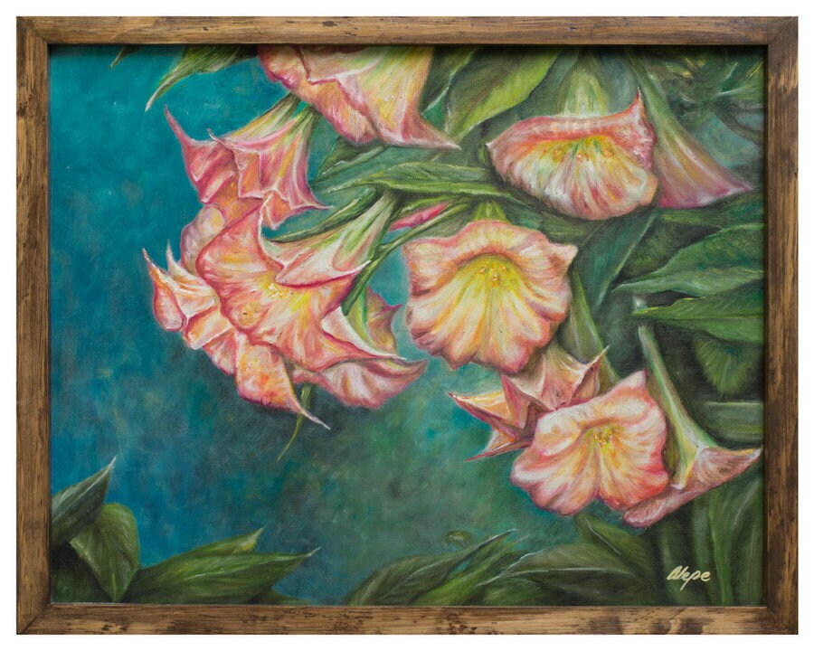 Óleo Sobre Lienzo. Floripondio. Brugmansia arborea. 46 X 35.5 Cm. Cuadro decorativo. Plantas de poder. ArtesaniasXihuitl