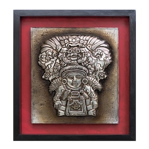 Zapotec figure. Embossed in aluminum. Metal embossing. Wall decorations. Zapotec culture. Pre-Hispanic Mexico