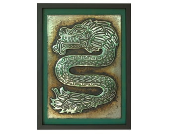 Green Quetzalcoatl. Embossed. Mexican handicrafts. Decorative painting. Ancient Mexico.