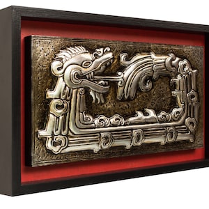 Quetzalcoatl. Aluminum embossing. Metal embossing. Aztec art. Pyramid of Quetzalcoatl. Xochicalco, Morelos.