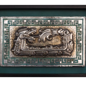 Quetzalcoatl Xochicalco. Embossed in aluminum. Metal embossing. Aztec art. Aztec culture. Prehispanic Mexico