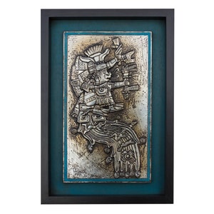 Chalchiuhtlicue. Lady of the terrestrial waters. Embossed in aluminum. Metal embossing. Aztec art. Aztec culture. Pre-Hispanic Mexico