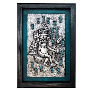 Tlaloc. The nectar of the earth. Embossed in aluminum. Metal embossing. Aztec art. Wall decorations. Aztec culture. Pre-Hispanic Mexico