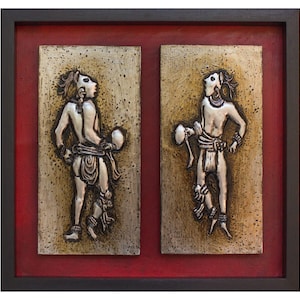 Aztec dancers. Embossed aluminum painting. Handmade. Metal embossing. Aztec art. Mexican cultures. Wall decoration