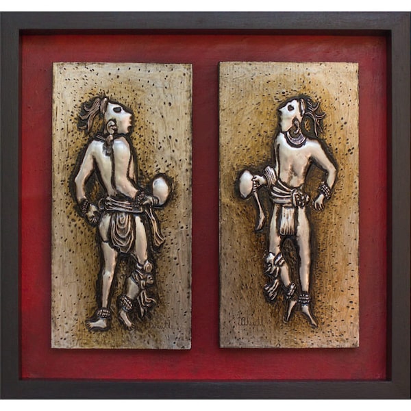 Aztec dancers. Embossed aluminum frame. Handmade. Metal embossing. Aztec art. Mexican cultures. wall decoration