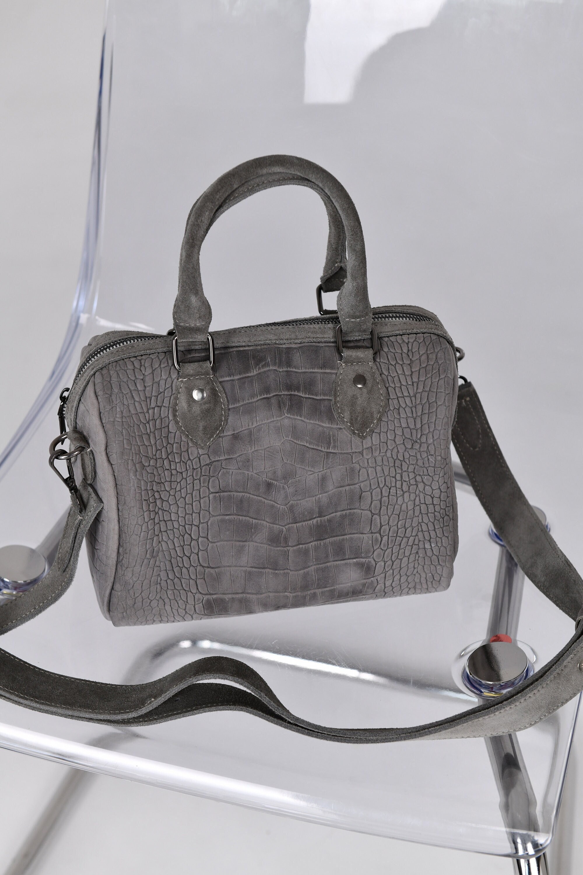 Genuine Leather Mustard Bag With Alligator Pattern Handbag 