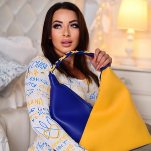 Bolsa artesanal de couro ecológico, bolsa amarela e azul, bolsa Boho, sacola estética, sacolas, bolsa grande, bolsa, bolsa de viagem, presente personalizado