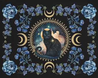 Mystical Cat Altar Cloth Moon Alter Cloth Witch Altar Small Tarot Cloth Tarot Mat Altar Decor Tarot Spread Cloth Witchy Cottage Core Decor
