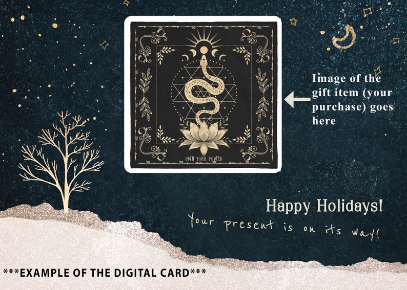 May include: A digital gift card with a black background and gold accents. The card features a snake wrapped around a lotus flower with a geometric design. The text "Own Your Power" is at the bottom of the card. The card is surrounded by a white border.
