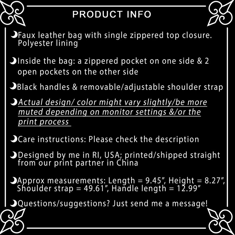 May include: Faux leather bag with a single zippered top closure. The bag has a zippered pocket on one side and two open pockets on the other side. It also has black handles and a removable/adjustable shoulder strap. The bag measures 24 cm long, 21 cm high, with a 126 cm shoulder strap and a 33 cm handle.