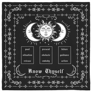 May include: Black and white illustration of a sun and moon with a face on each. The sun and moon are surrounded by stars and a decorative border. Below the sun and moon are three cards with the words "past situation release", "present obstacle embody", and "future guidance action". The text "Know Thyself" is written below the cards.