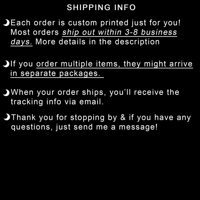 May include: Shipping information for custom printed orders. Most orders ship within 3-8 business days. Orders may arrive in separate packages. Tracking information will be sent via email.