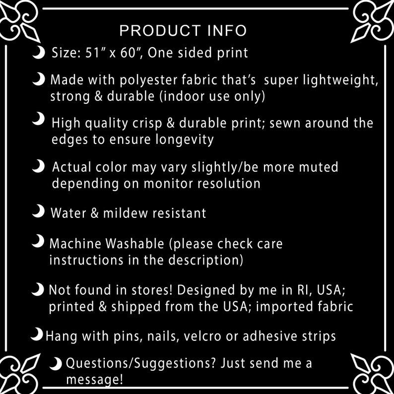 May include: Product information for a 51" x 60" one-sided print. The print is made of polyester fabric, is water and mildew resistant, and is machine washable. The print is designed and shipped from the USA.