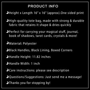 May include: Black tote bag with black handles and black lining. The bag is made of polyester and measures 16 inches by 16 inches. It has a one-sided print.